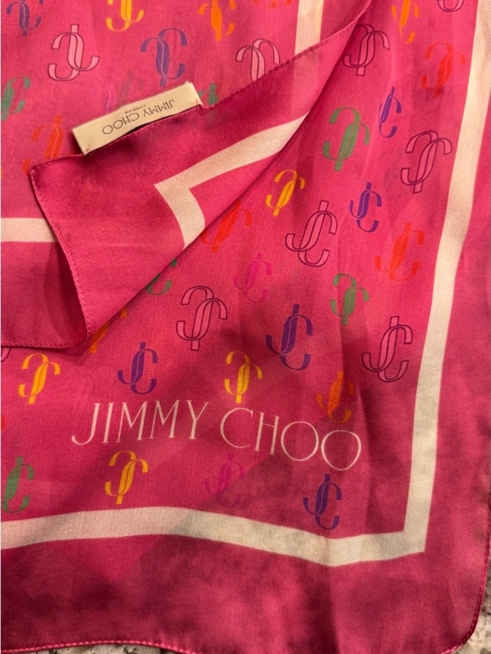 Authentic Jimmy Choo Hot Pink Silk Logo Scarf with Multicolor JC Motif with tag